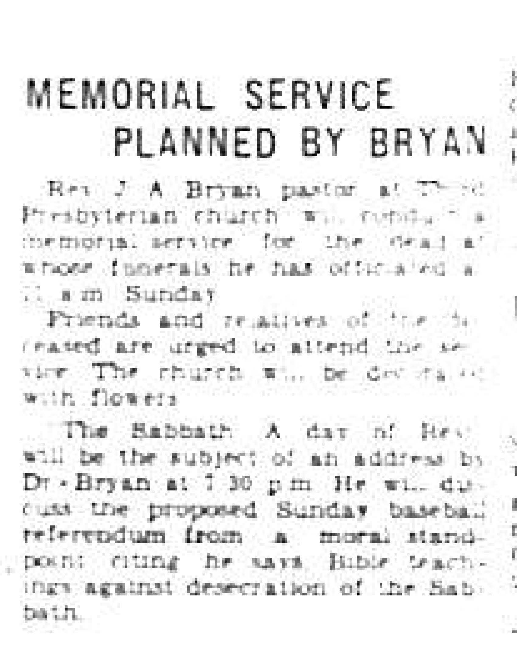 Memorial Service Planned By Bryan